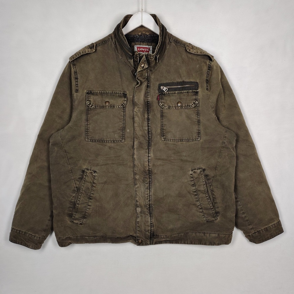 Levis Mens Sherpa Lined Canvas Utility Jacket Olive Green Military Field Coat XL